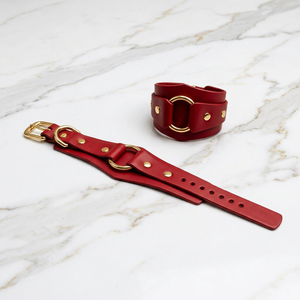 A red leather strap with gold-colored buckles and holes is placed on a marble surface.