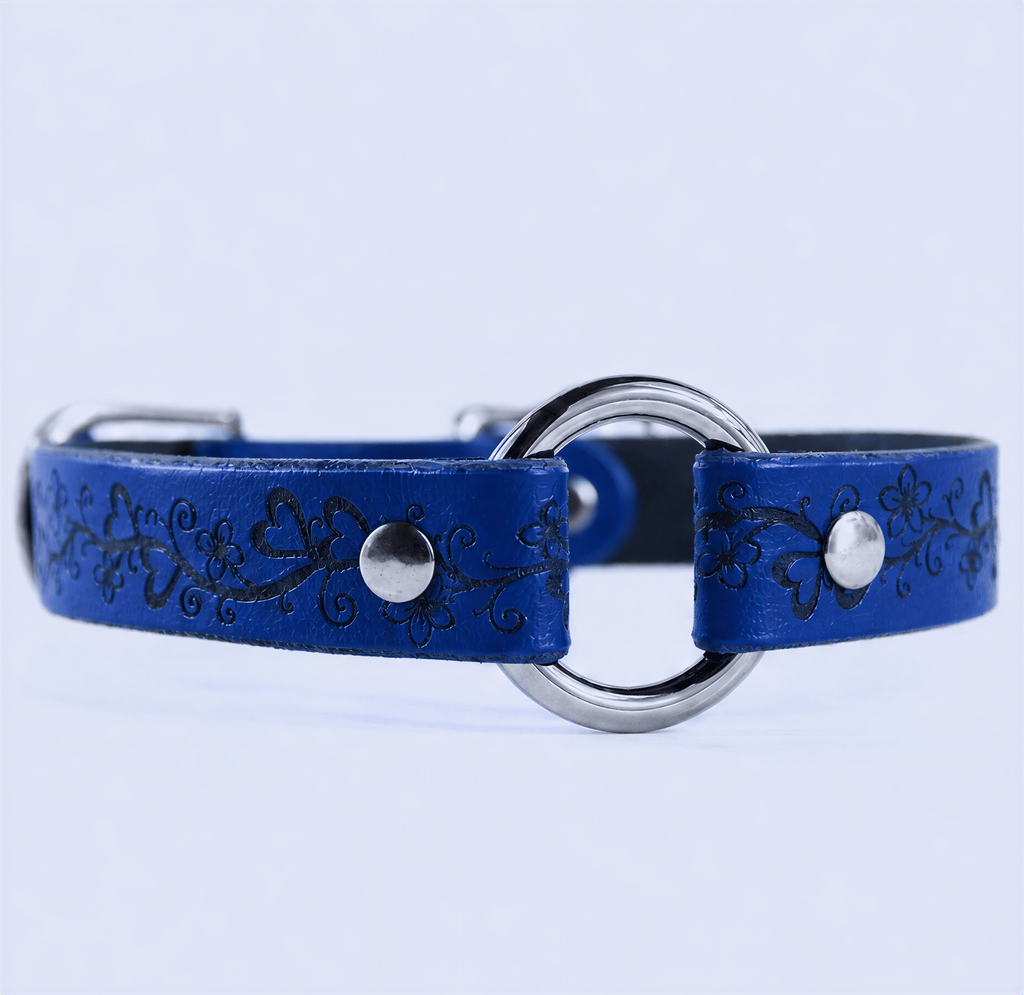 A blue leather collar with a silver metal ring and decorative floral patterns.