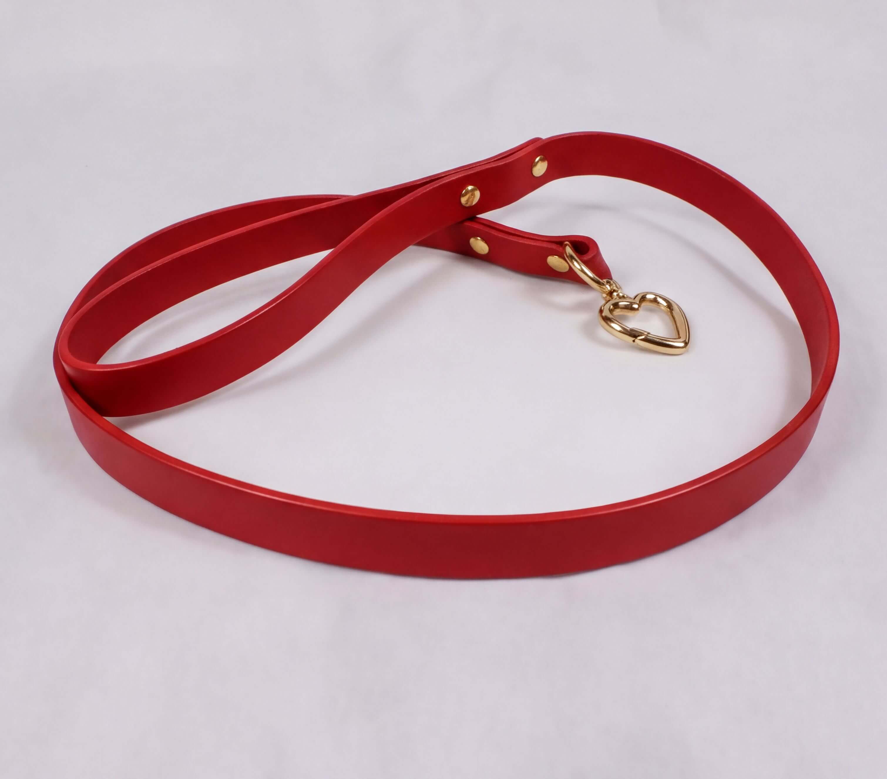 A red leather leash with a heart-shaped metal attachment is shown on a white surface.