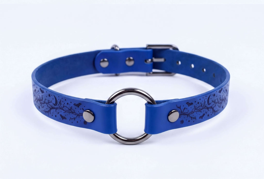 A blue leather choker collar with a metal ring and buckle.