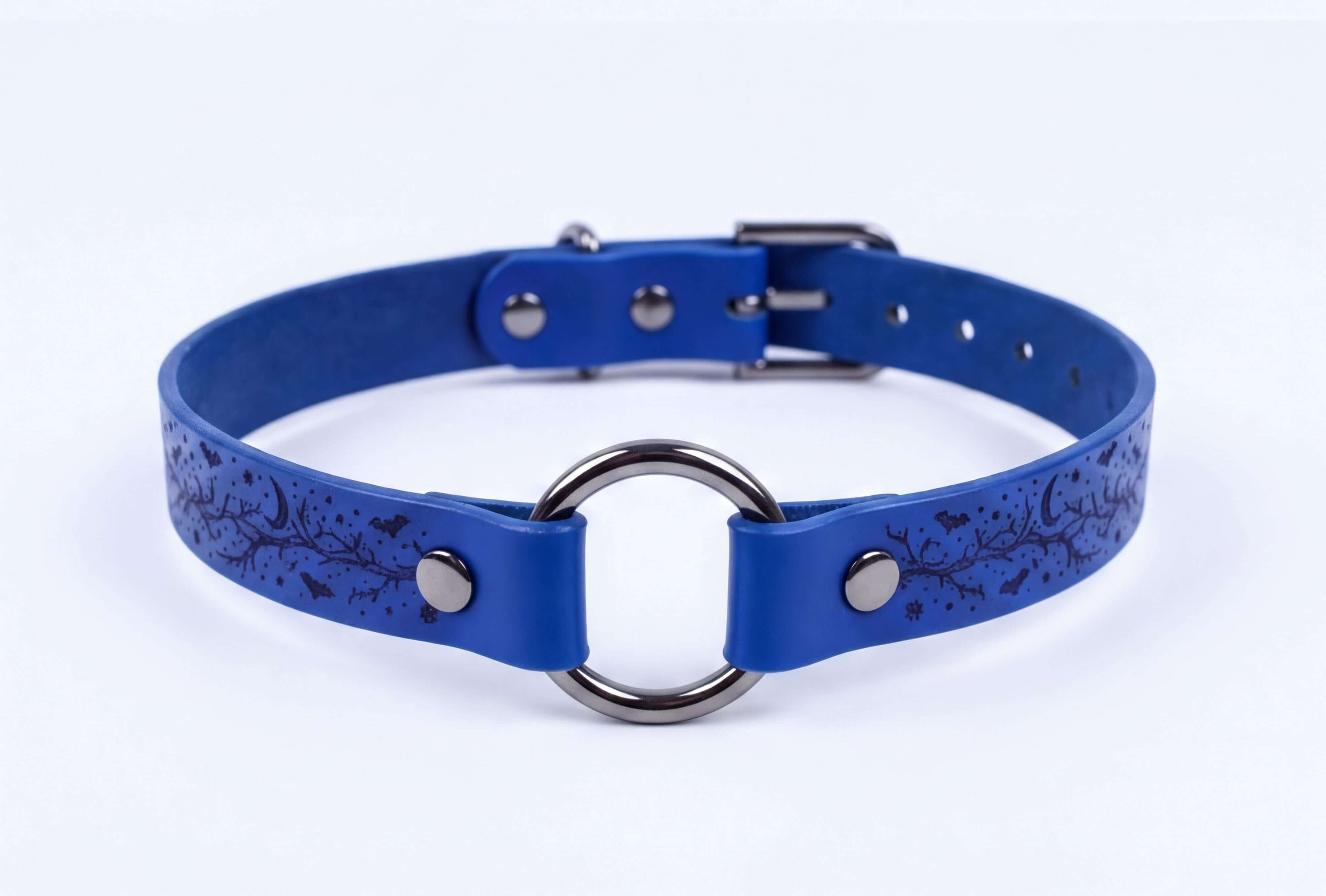 A blue leather choker collar with a metal ring and buckle.