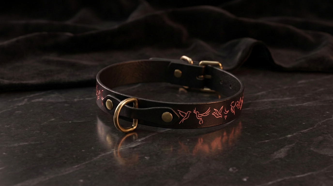A black leather collar with a gold-colored buckle and a decorative design on the side, resting on a dark surface.