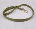 A green leather leash with a gold heart-shaped charm attached.