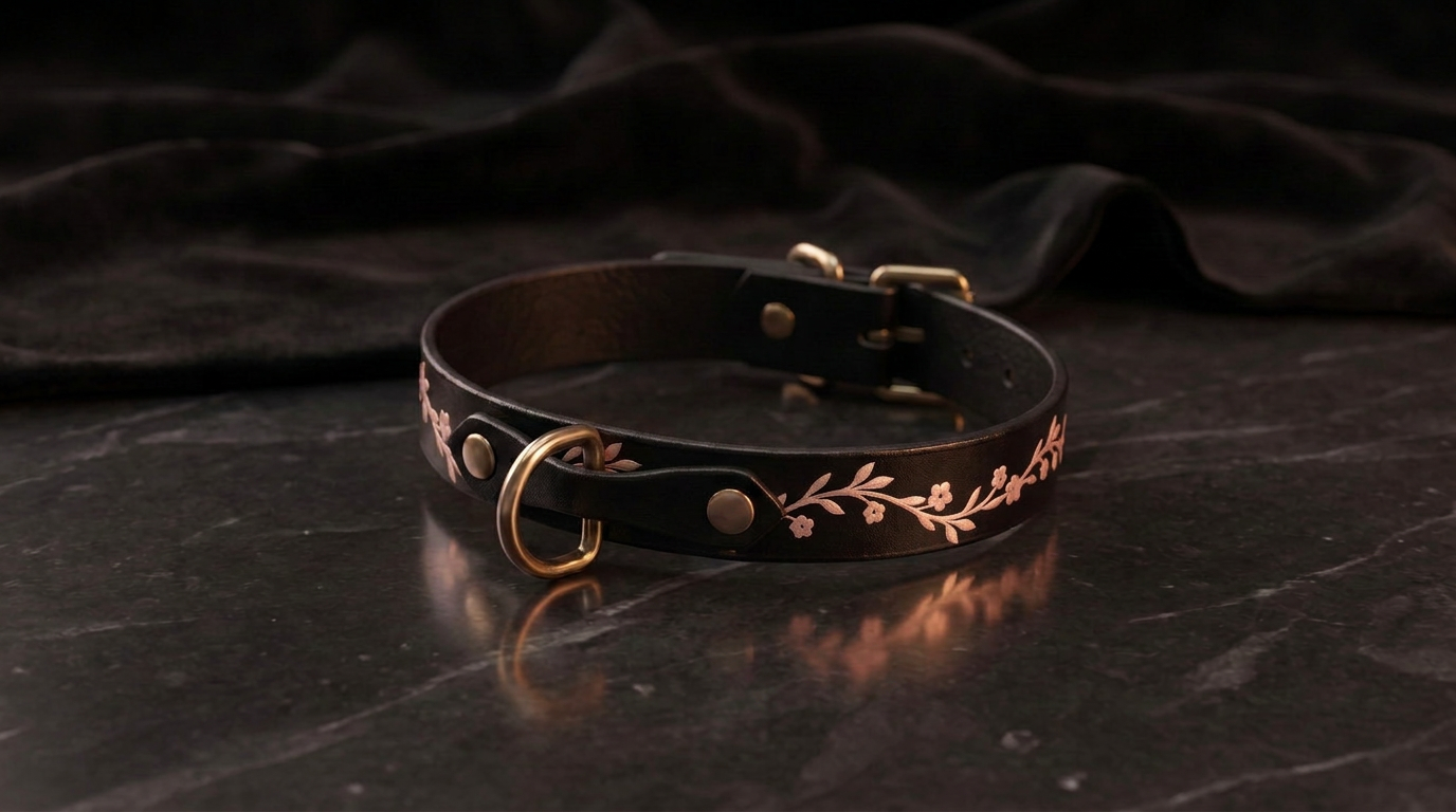 A black leather collar with a floral design on it, resting on a dark surface.