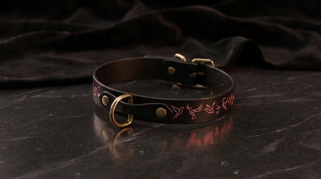 A black leather collar with a gold-colored buckle and a decorative design on the side, resting on a dark surface.