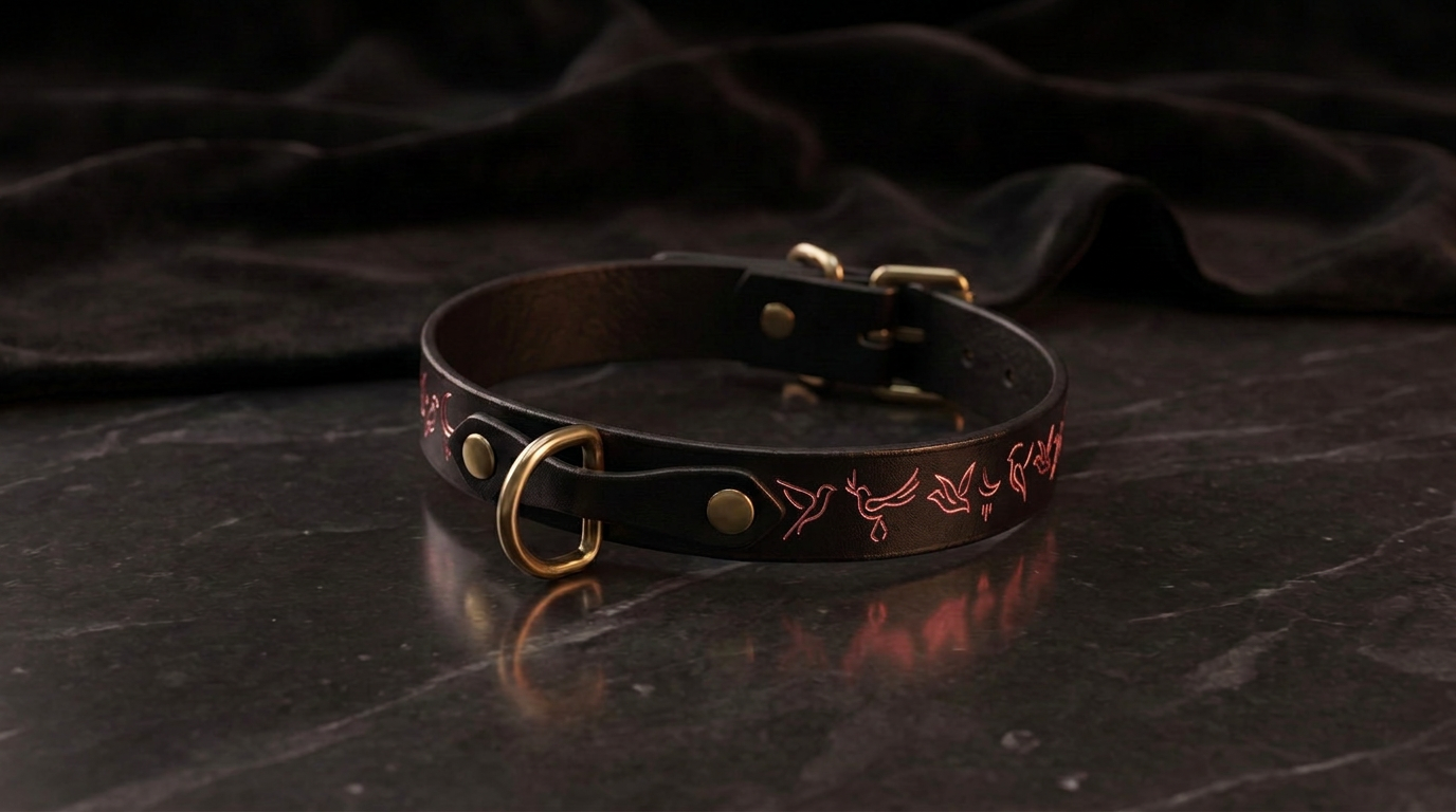 A black leather collar with a gold-colored buckle and a decorative design on the side, resting on a dark surface.