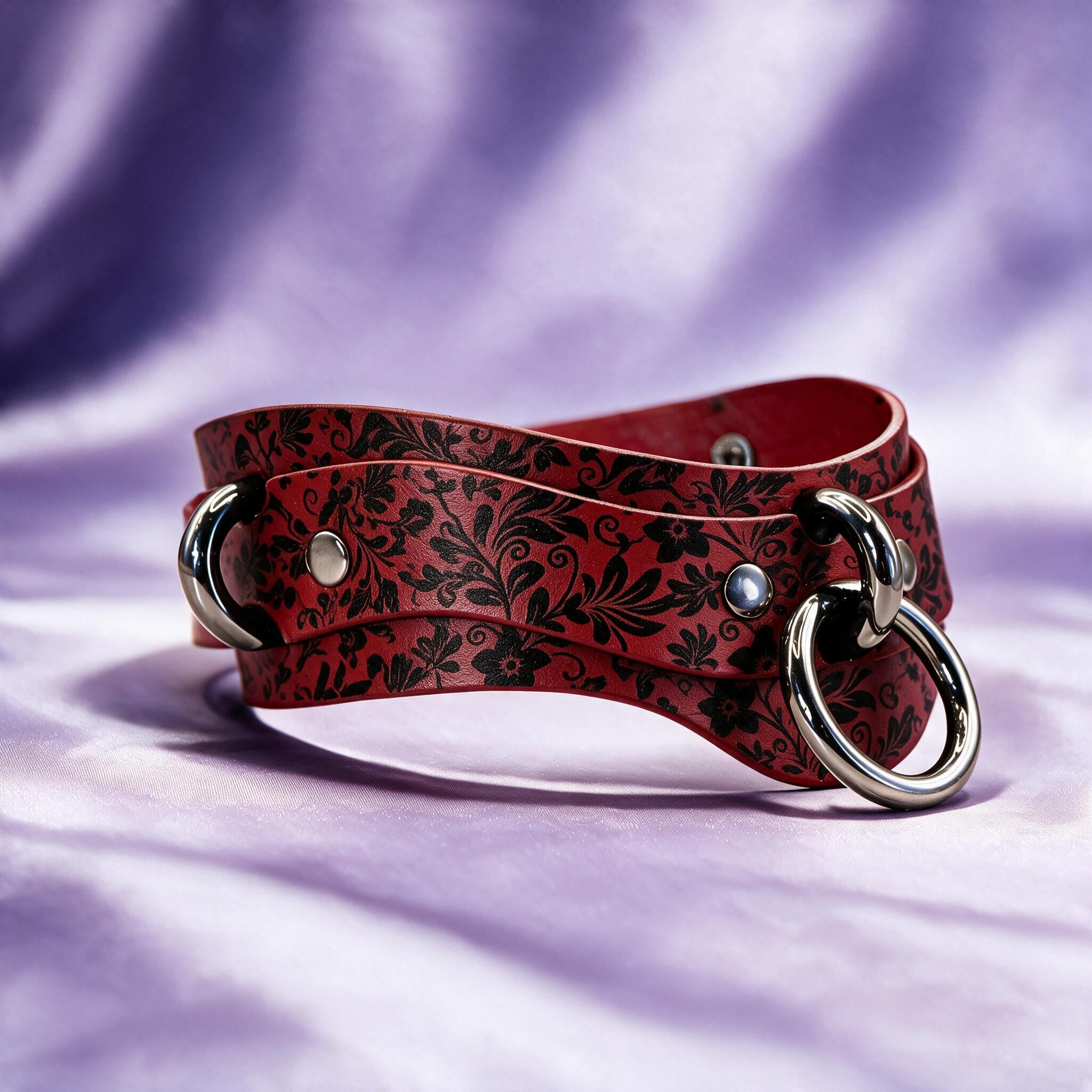 A red leather choker with a floral pattern and metal rings is displayed against a purple background.