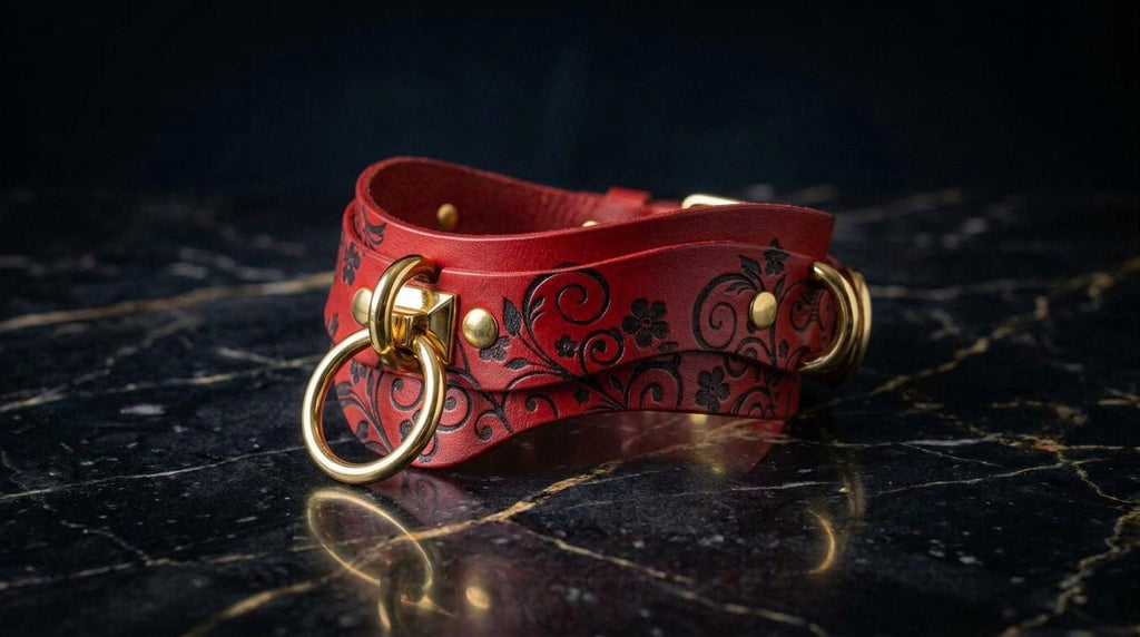 A red leather choker necklace with a floral pattern and gold-colored metal rings is displayed on a black marble surface.