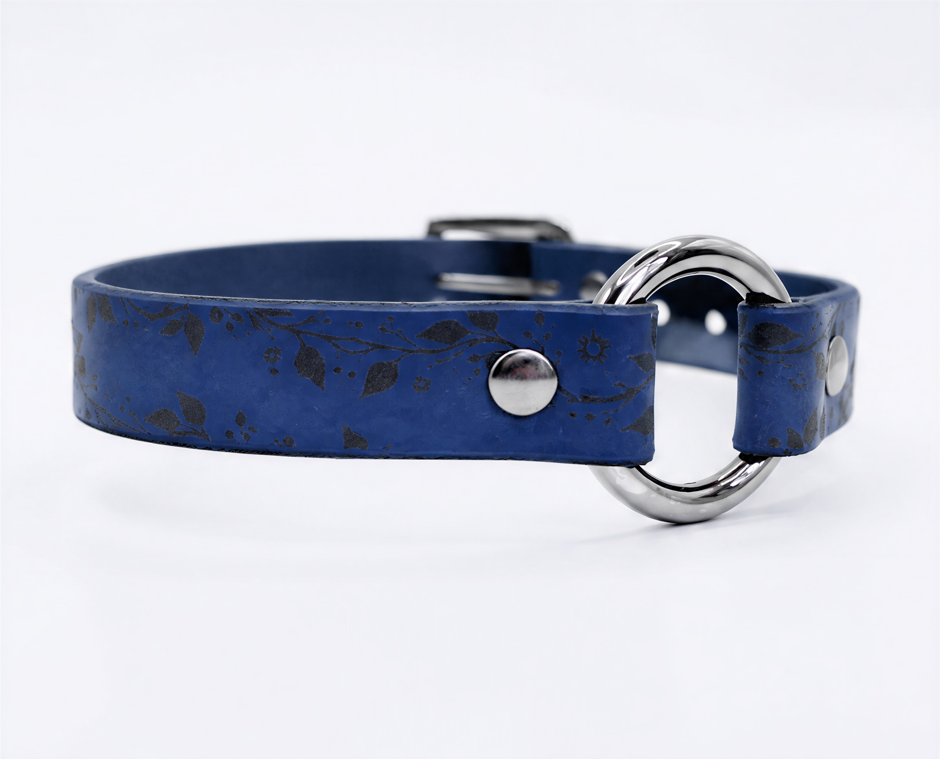 A blue dog collar with a silver metal ring and buckle.