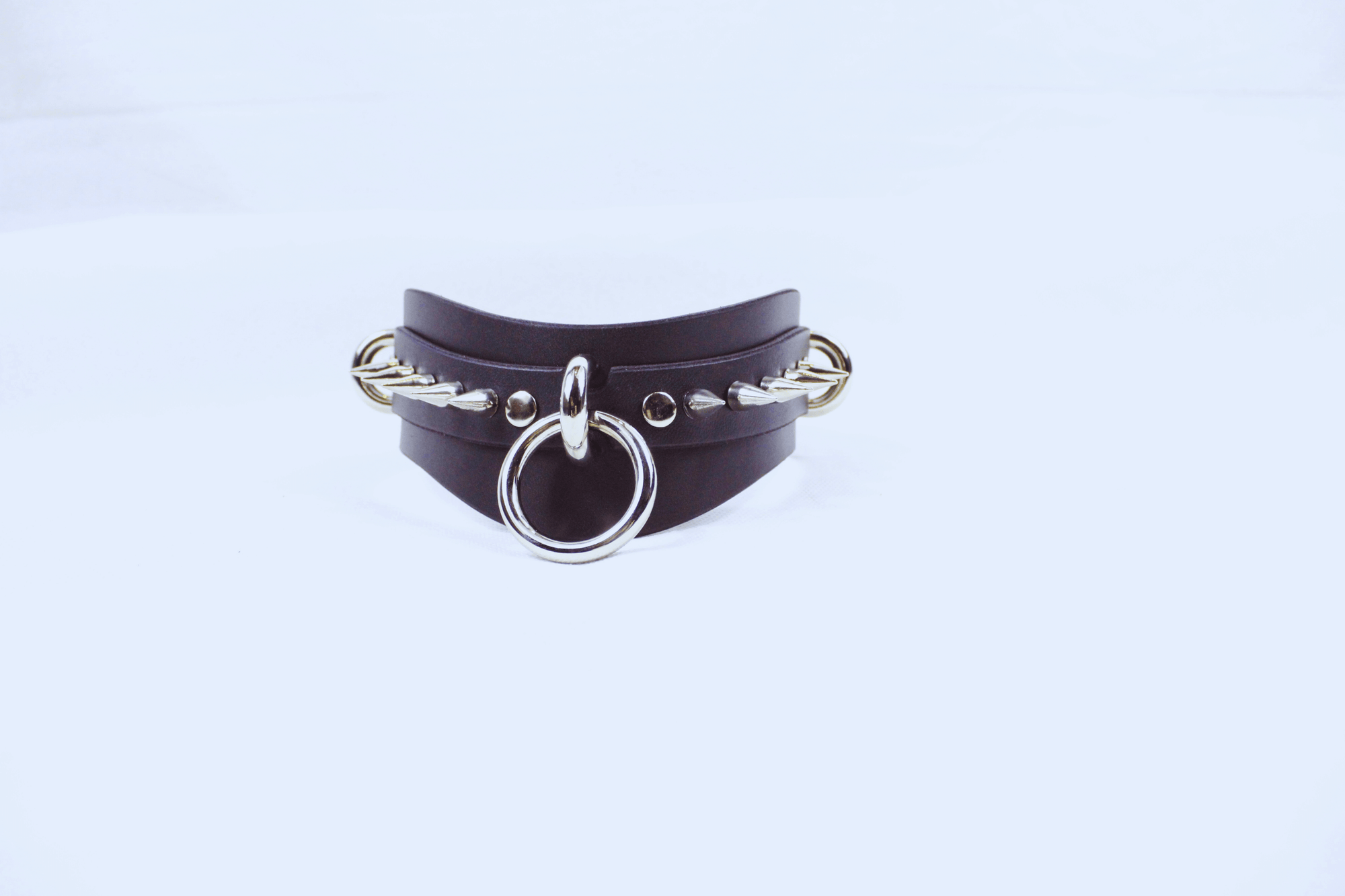 Obsidian BDSM Collar featuring dual stainless-steel rings and matte black leather design, perfect for gothic style and submission.