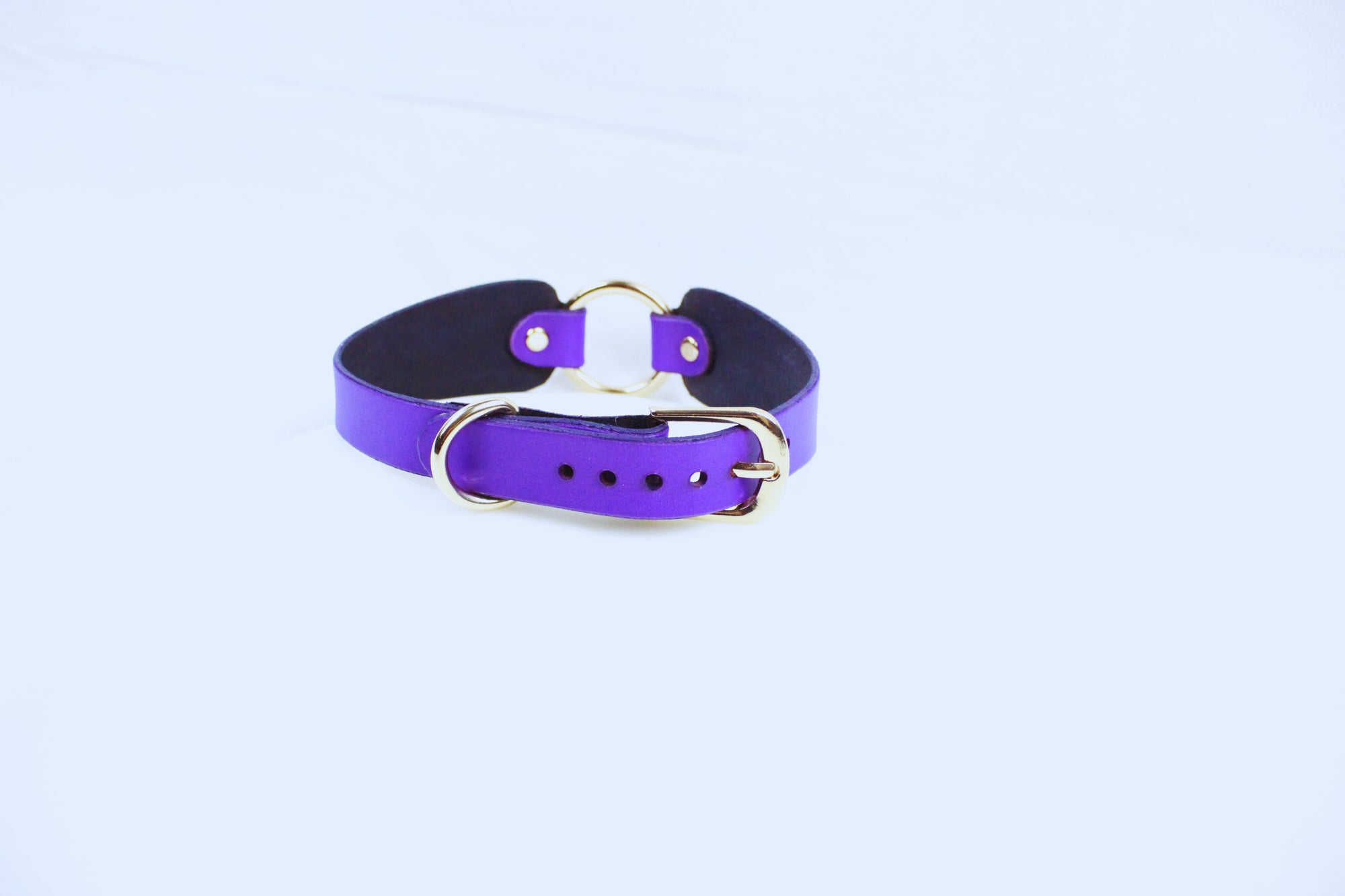 A purple leather choker collar with a gold buckle is shown against a white background.