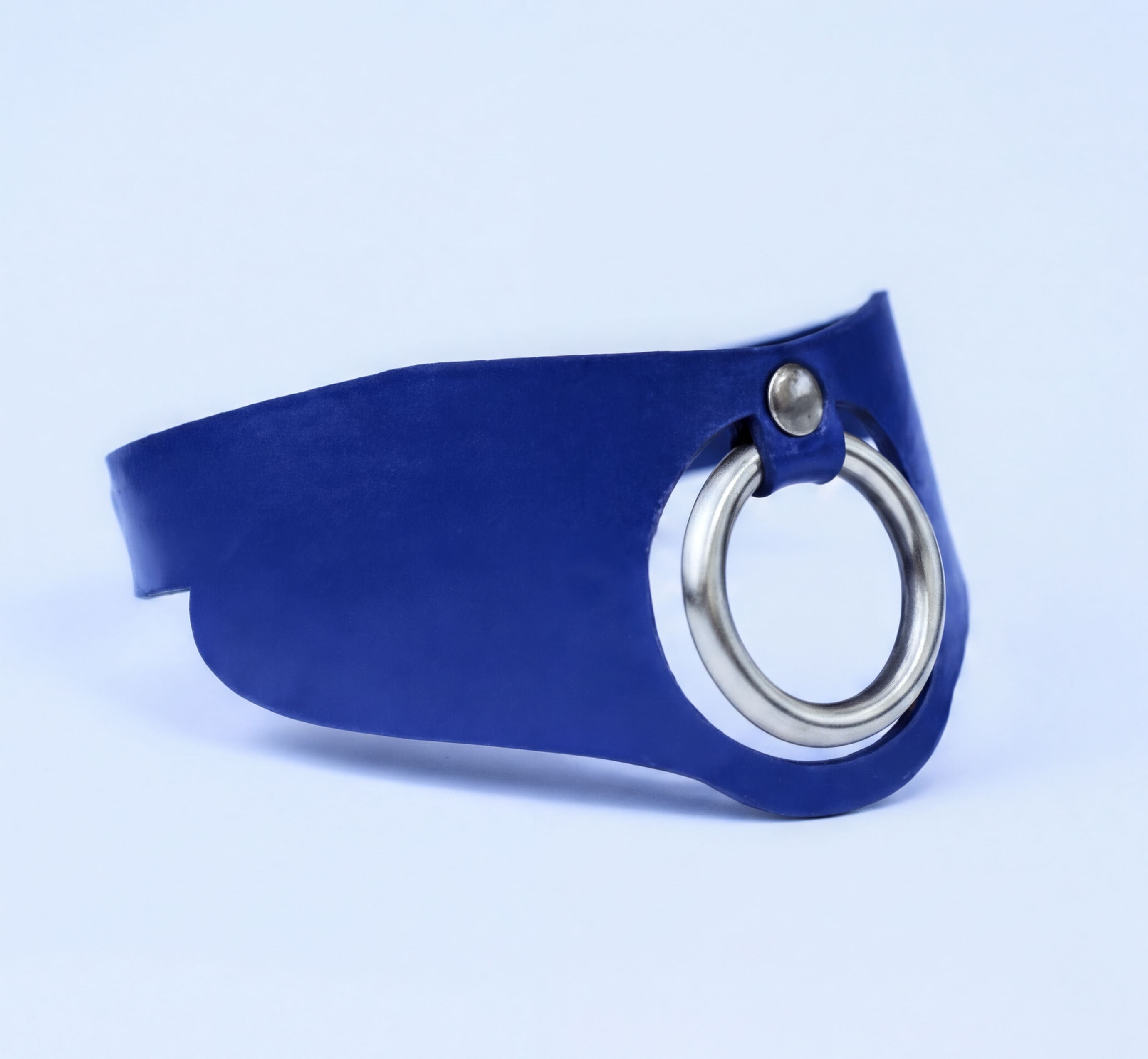 A blue leather choker necklace with a silver metal ring on the front.