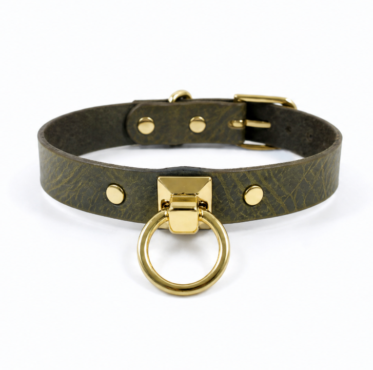 A dark brown leather choker collar with a gold-colored metal ring and buckle.
