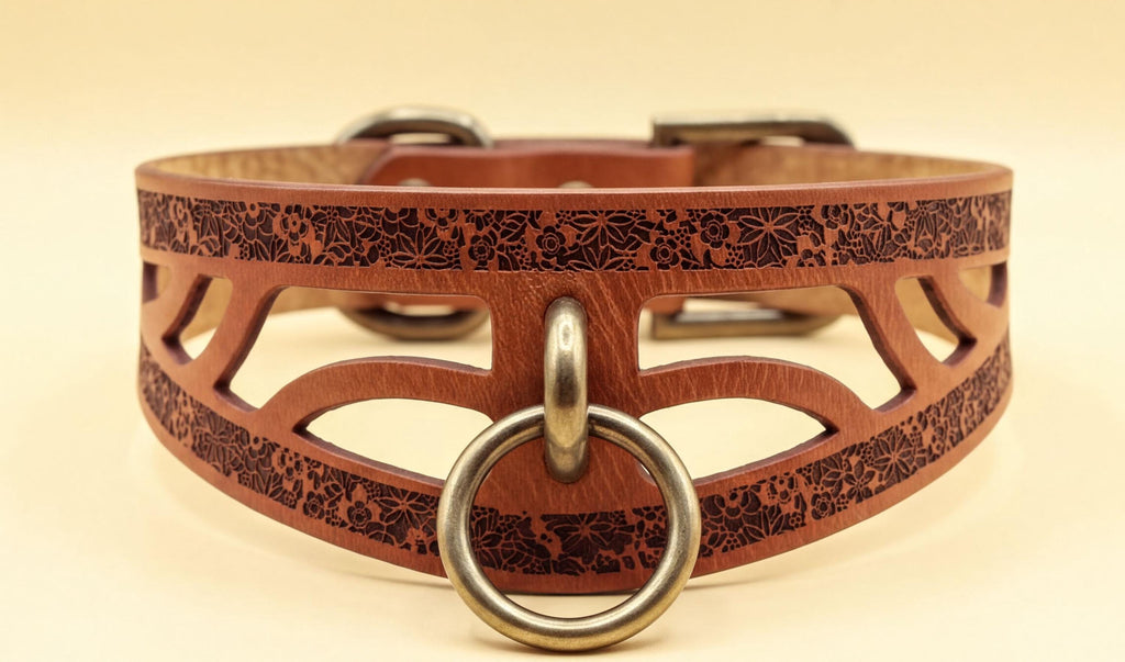 A close-up image of a brown leather collar with a metal ring and a decorative pattern on the surface.