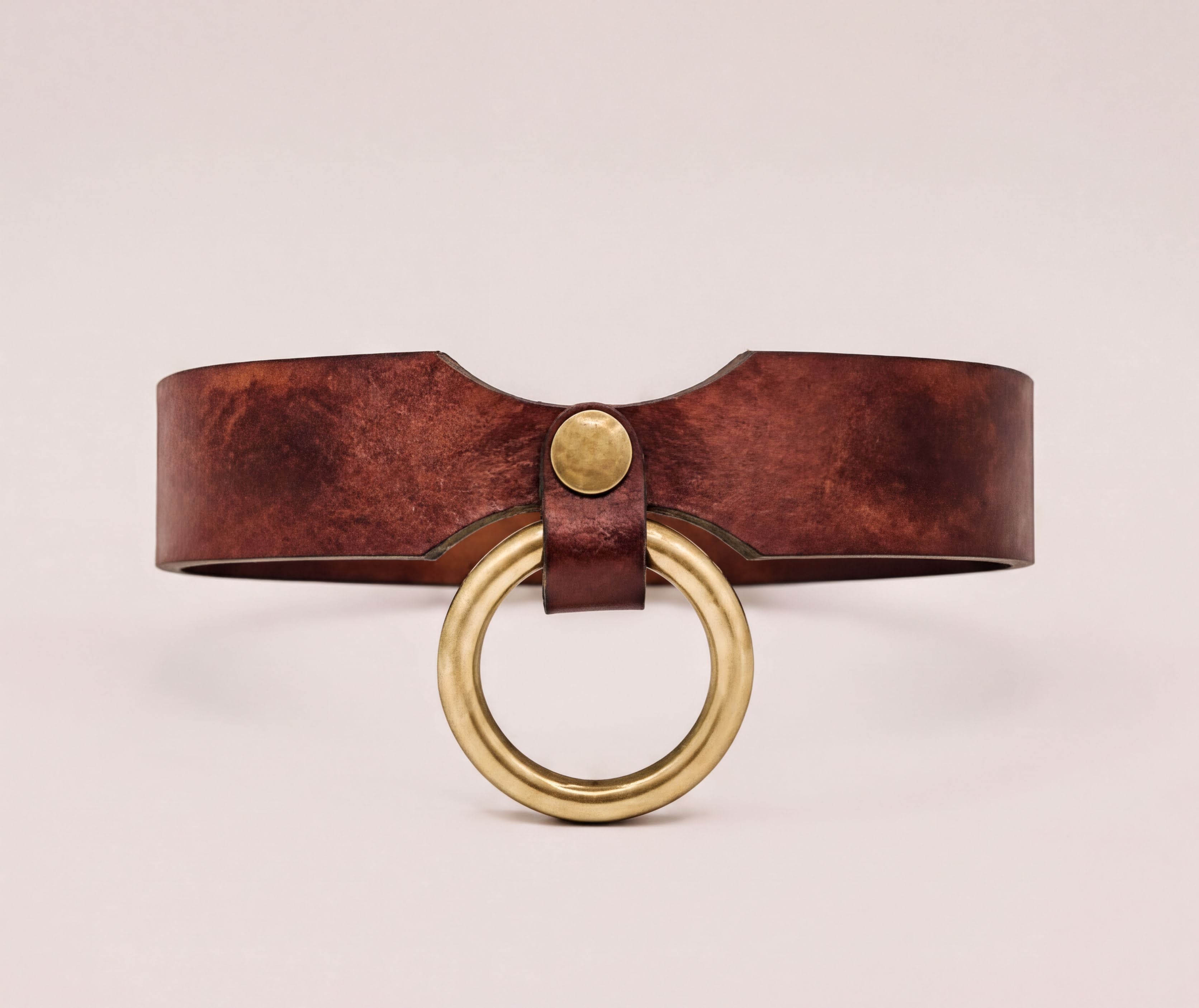 A brown leather choker necklace with a brass ring and buckle.