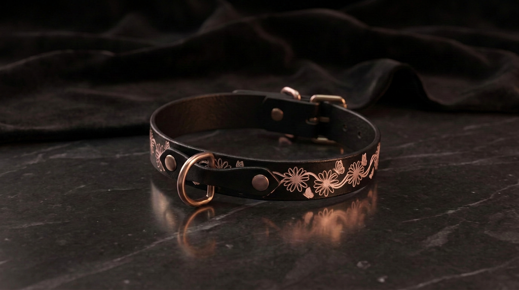 A black leather collar with a floral design and a gold-colored buckle is displayed on a dark surface.