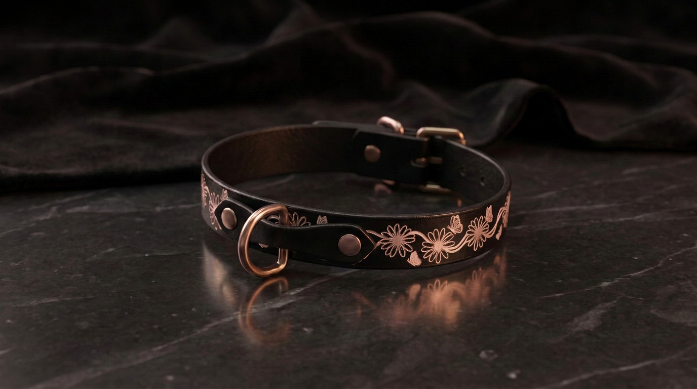 A black leather collar with a floral design and a gold-colored buckle is displayed on a dark surface.