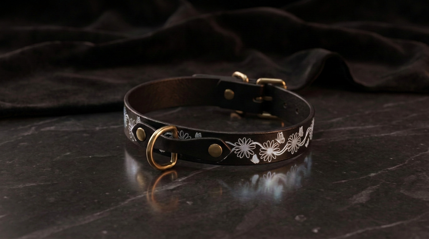 A black leather collar with a floral design and a gold buckle is displayed on a dark surface.