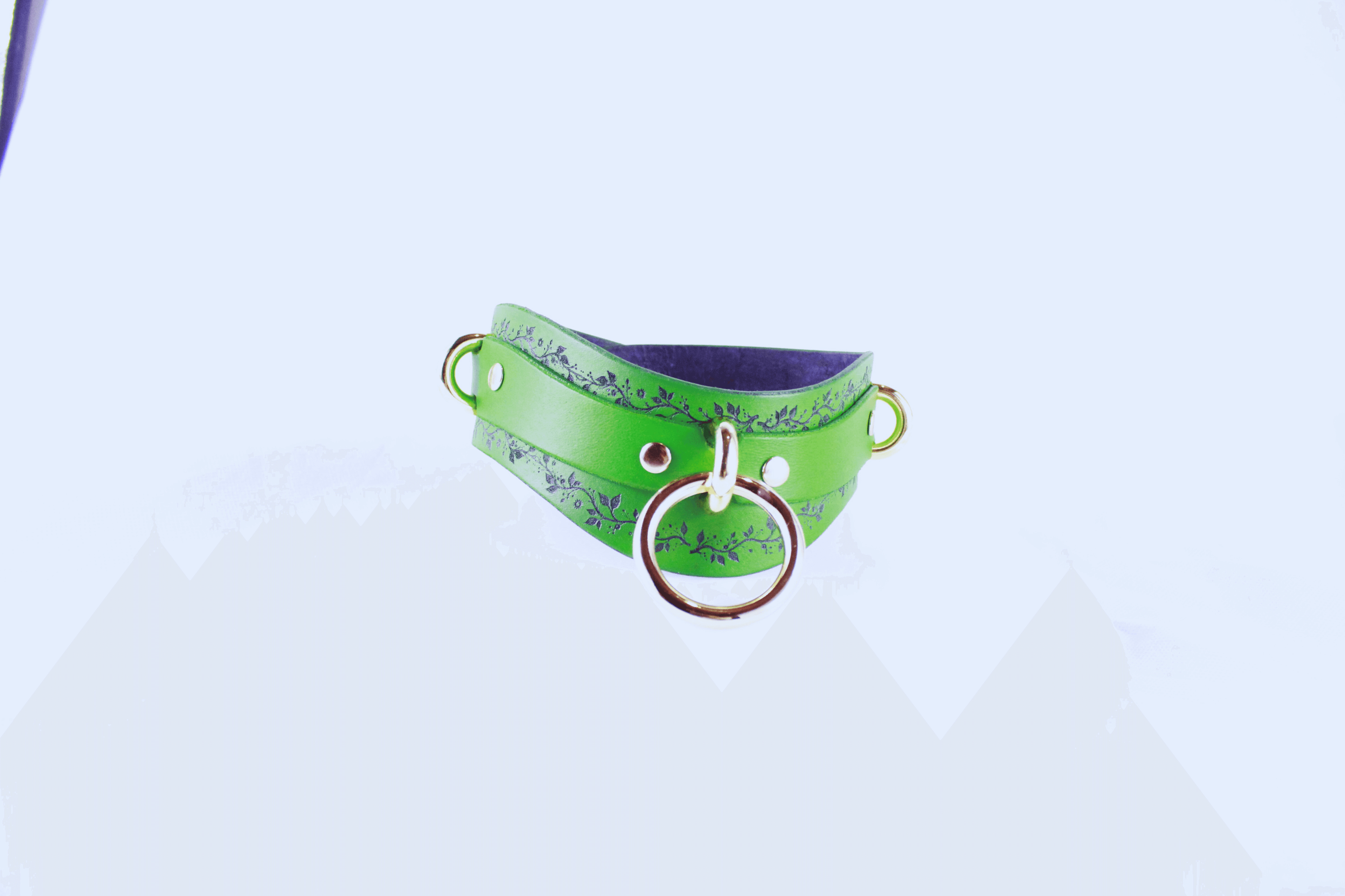 Green Vine Leather Submissive Collar with a black vine pattern and polished rings for a stylish look.