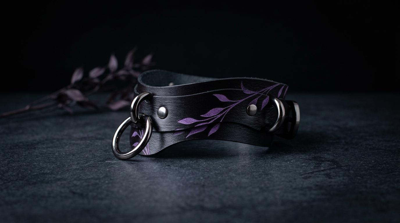 A black leather choker necklace with purple floral designs and metal rings is displayed on a dark surface.