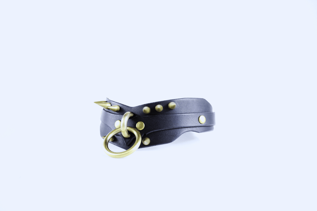 Spiked BDSM Collar featuring a double-layer leather strap and brass O-ring detail.