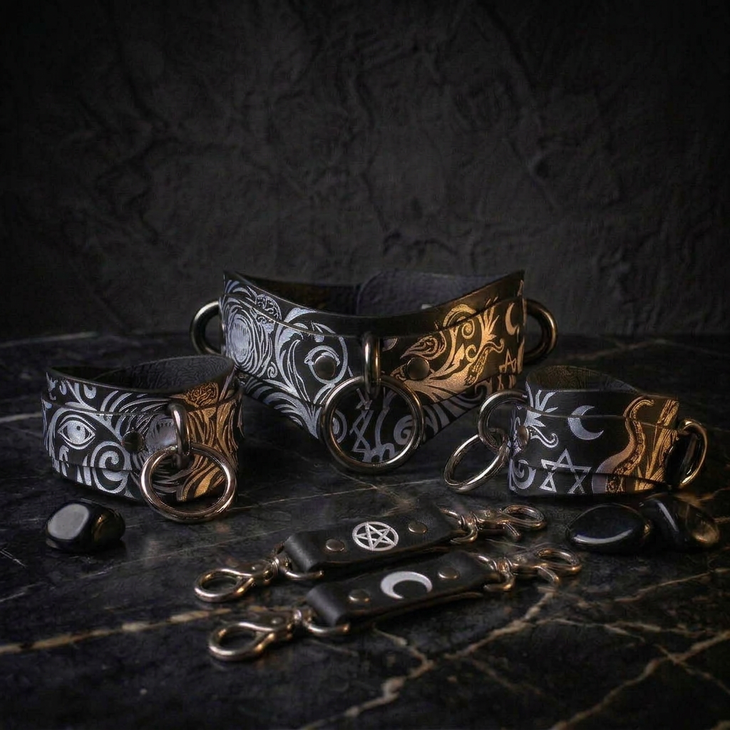 a collection of leather accessories, including collars, straps, and charms, arranged on a dark surface.