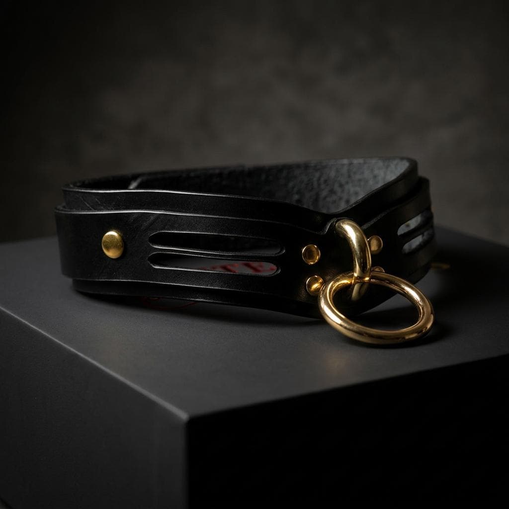 A black leather choker necklace with a gold ring and a black leather strap with a gold ring.