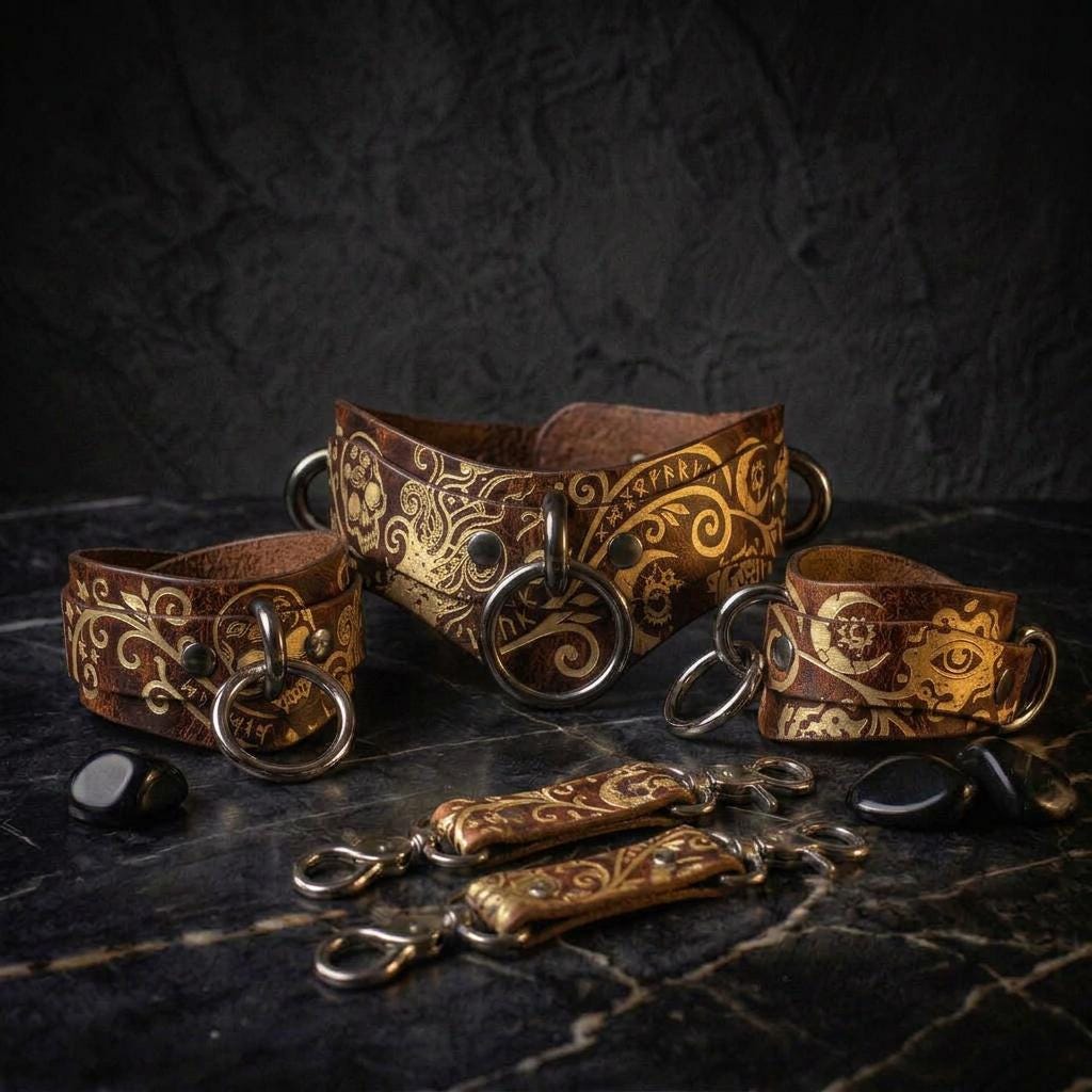 a collection of ornate leather straps and charms, including a large leather strap with a metal clasp and several smaller leather straps with metal clasps, all set against a dark background.
