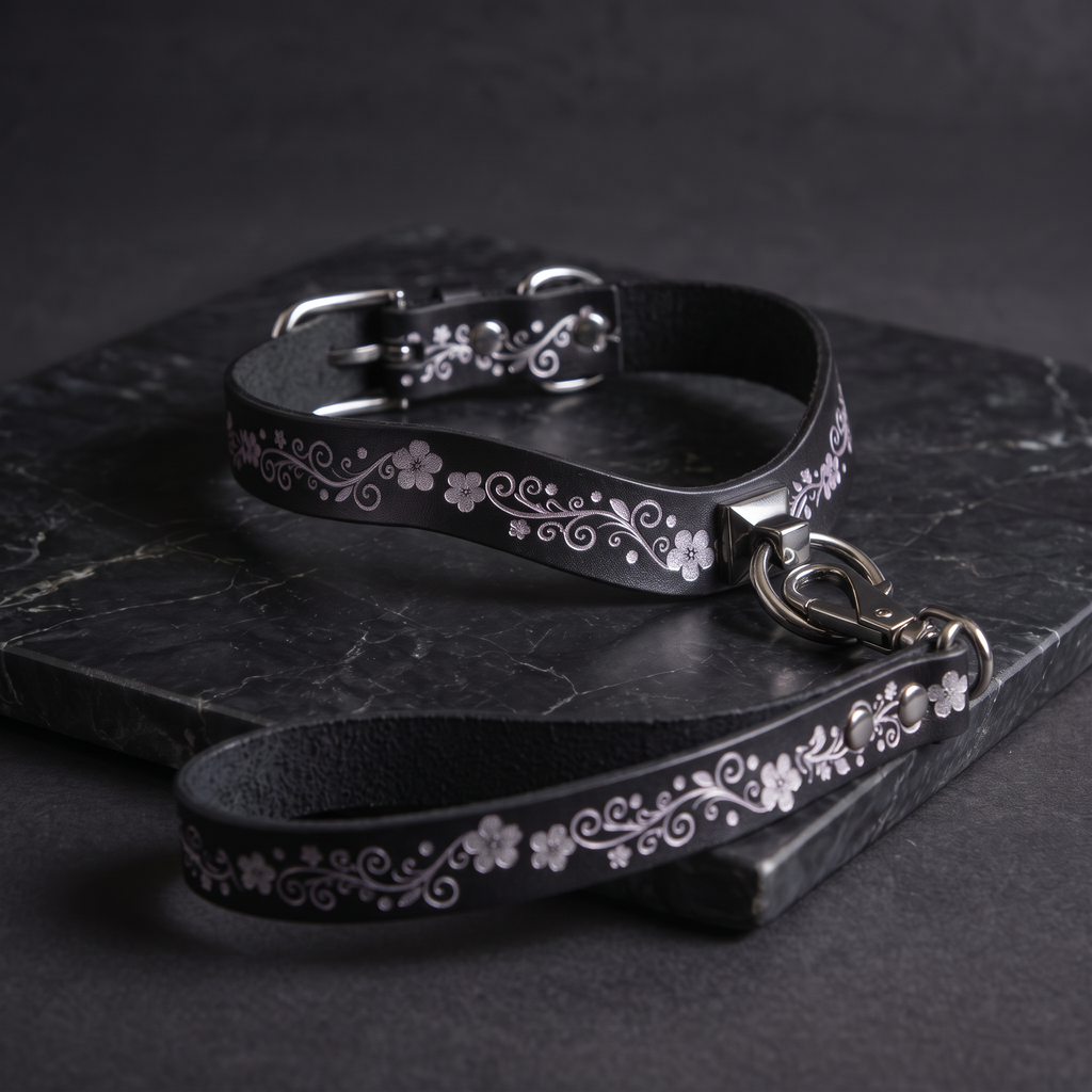 A black leather collar with a floral pattern and a matching leash are displayed on a dark surface.