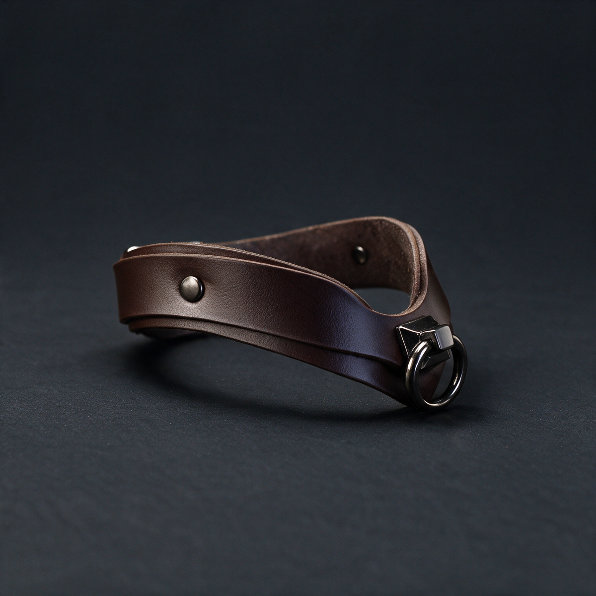 A brown leather choker necklace with a metal clasp and buckle is shown against a dark background.