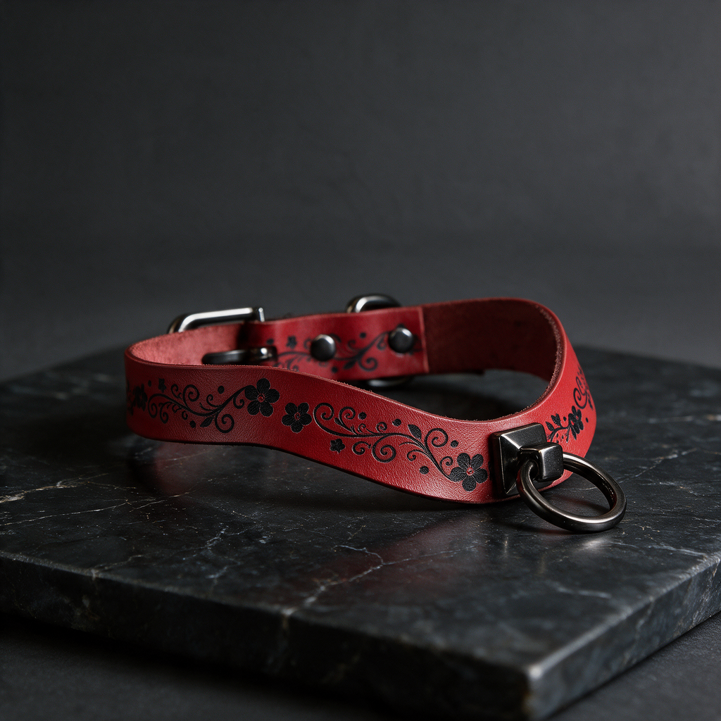 A red leather collar with black floral designs and a metal ring is displayed on a black marble surface.