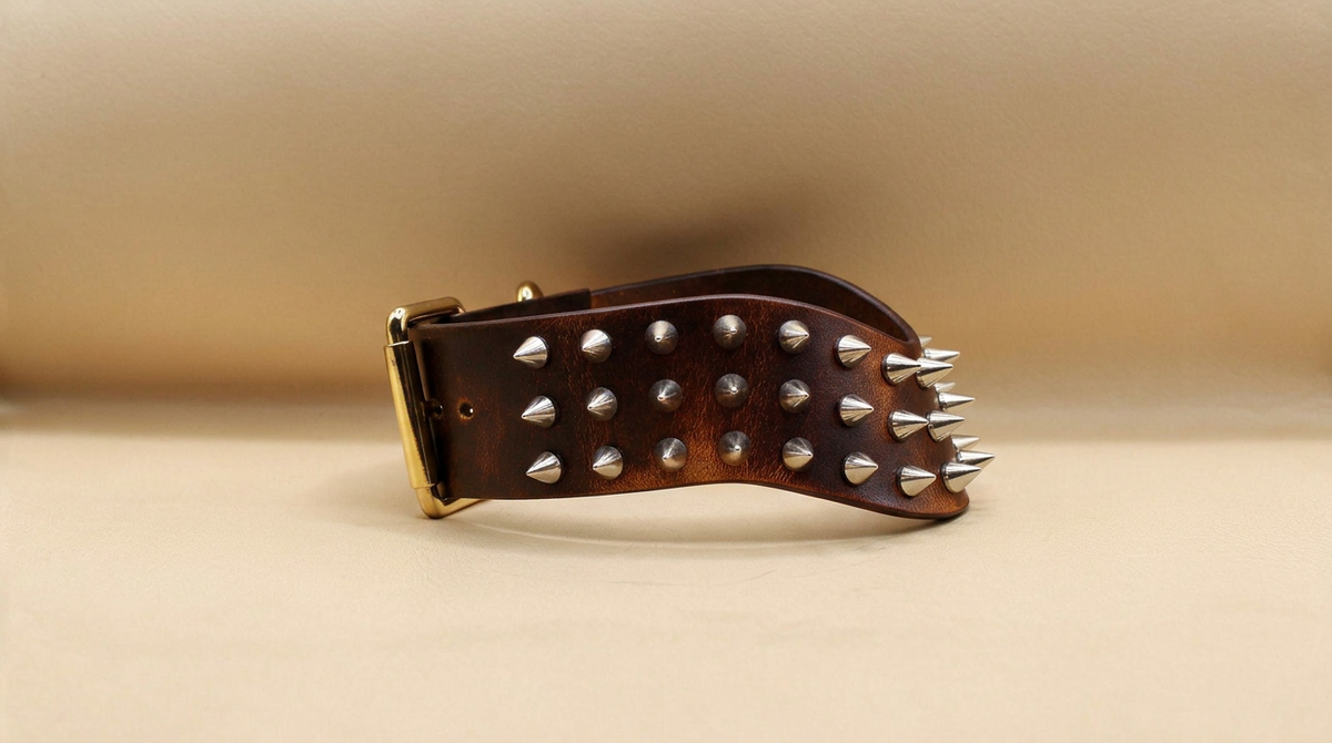 A brown leather belt with silver spikes protruding from it, resting on a beige background.