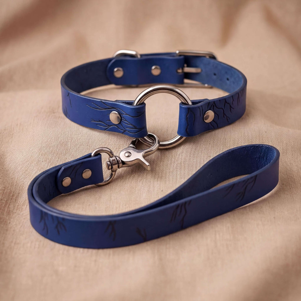 A blue leather dog collar with a metal buckle and a matching leash is displayed on a beige fabric background.