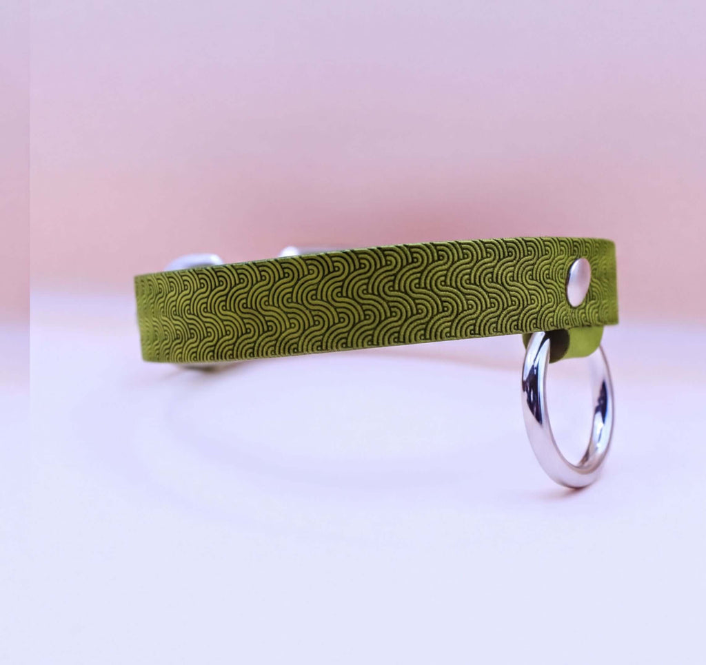 A green dog collar with a silver ring attached, resting on a white surface.