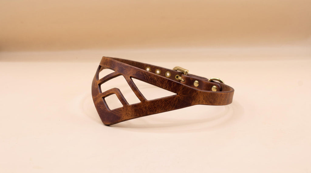 A brown leather collar with a geometric cutout design.