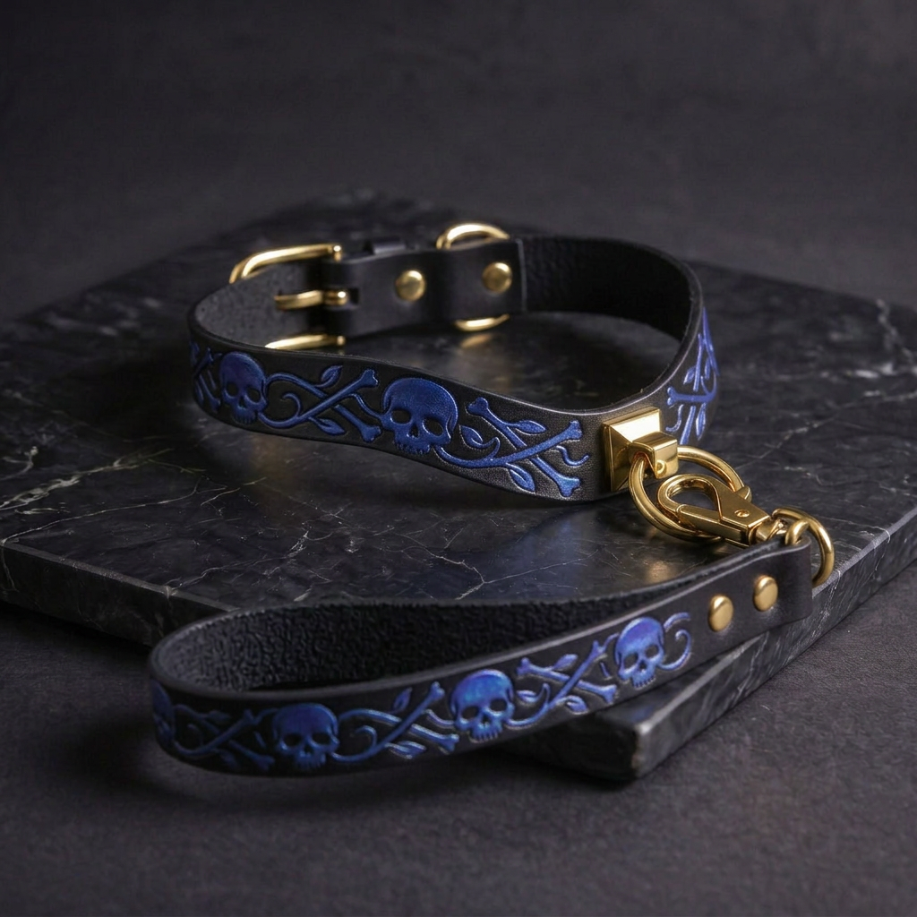 A black leather dog collar with a blue skull design and a gold-colored metal buckle, resting on a dark surface.