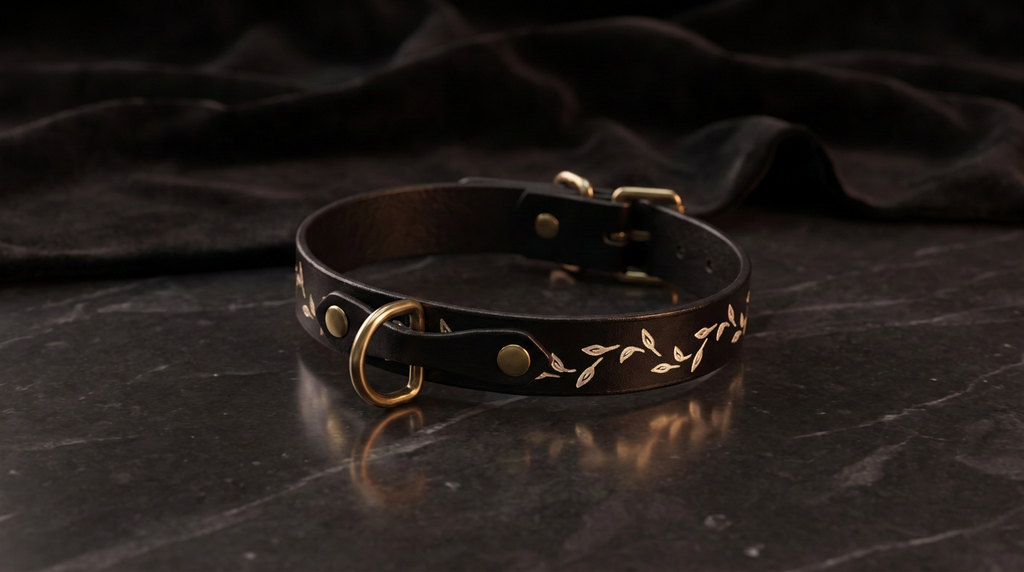 A black leather collar with a gold leaf design on it, resting on a dark surface.