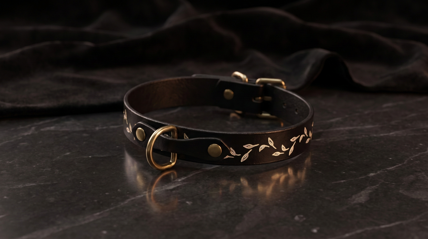 A black leather collar with a gold leaf design on it, resting on a dark surface.