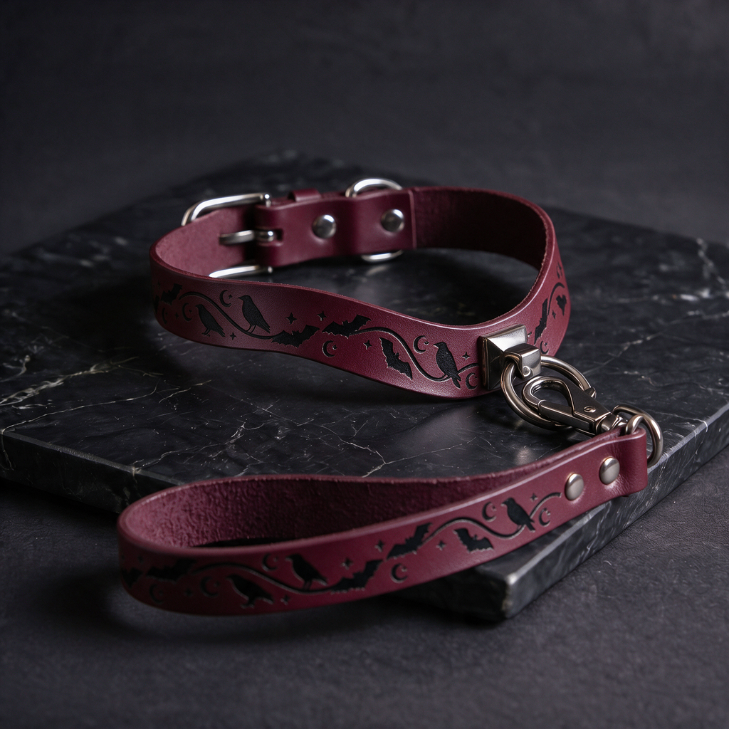 A burgundy leather dog collar with a black bat and moon design, and a matching leash, resting on a dark surface.