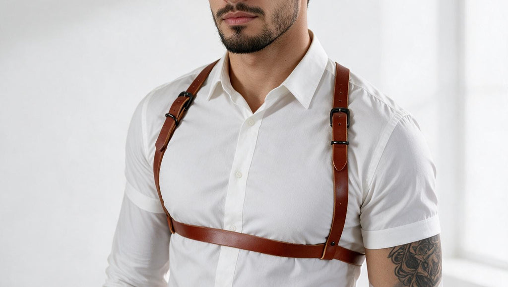 A man wearing a white shirt and a leather harness with a belt, standing against a white background.
