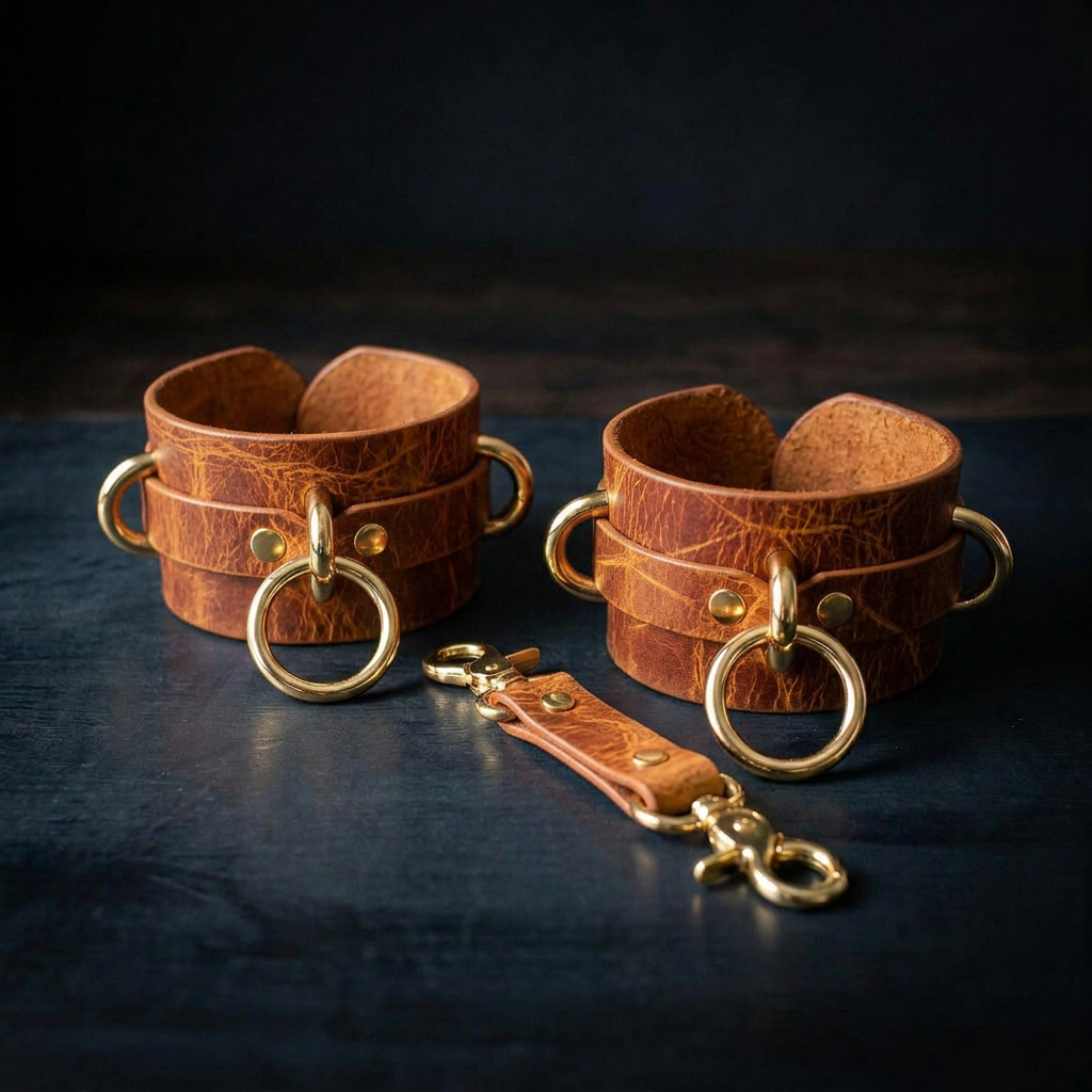 a pair of brown leather cuffs with gold-colored metal rings and buckles, arranged on a dark surface.
