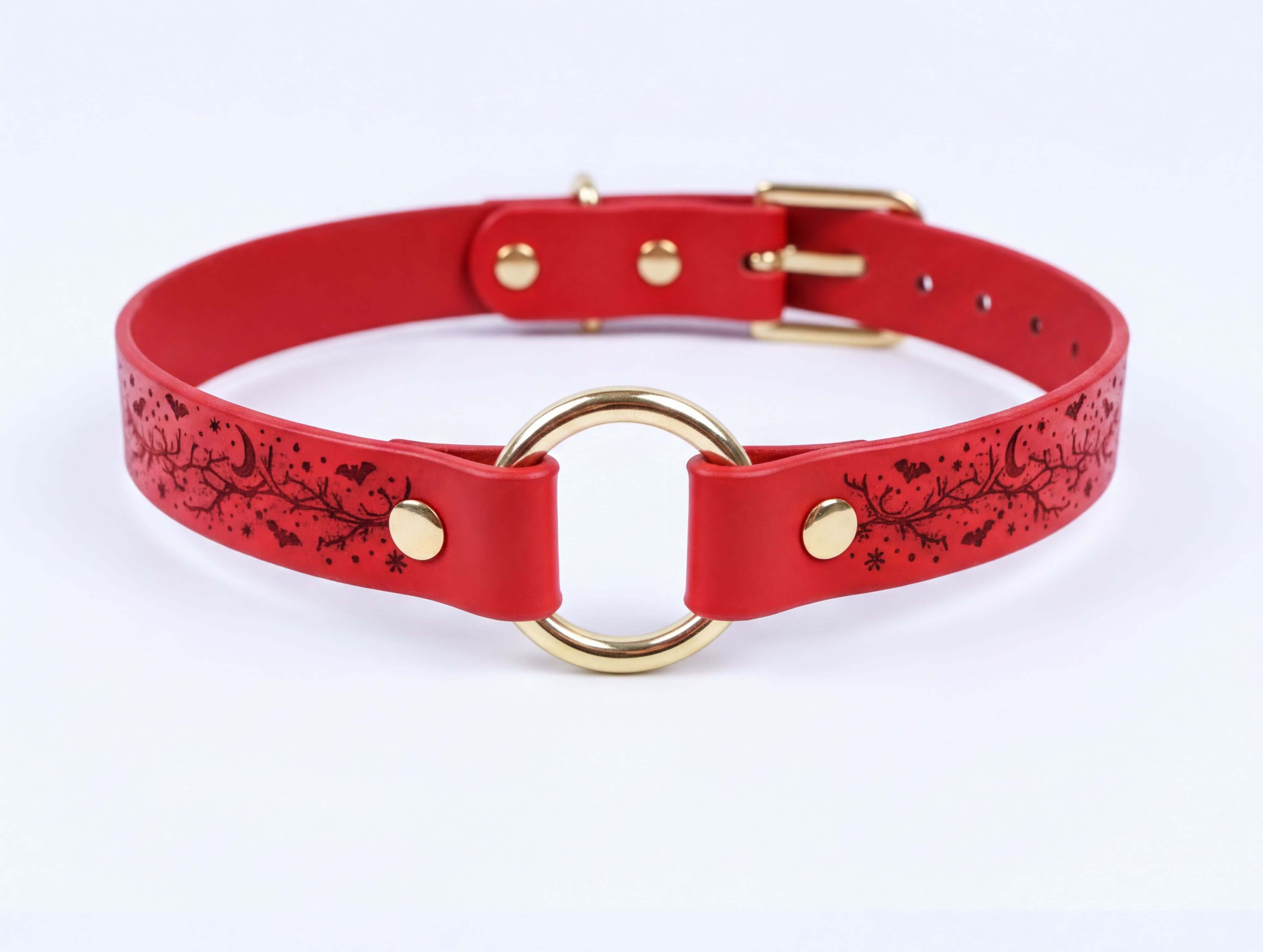 A red leather choker collar with a gold-colored buckle and a circular ring on the front.