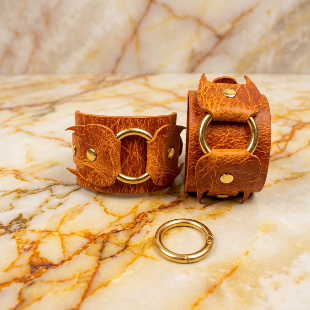 two brown leather cuffs with metal rings and a ring on a marble surface.