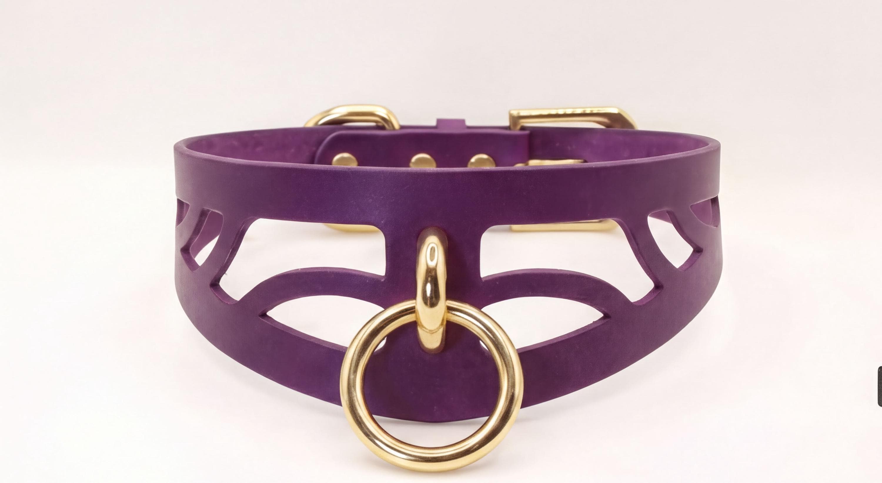 A purple leather choker necklace with a gold-colored metal ring and a cutout design on the front.