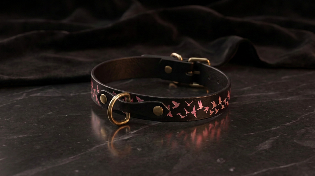 A black leather collar with a gold-colored buckle and a pink bird design on it, resting on a dark surface.