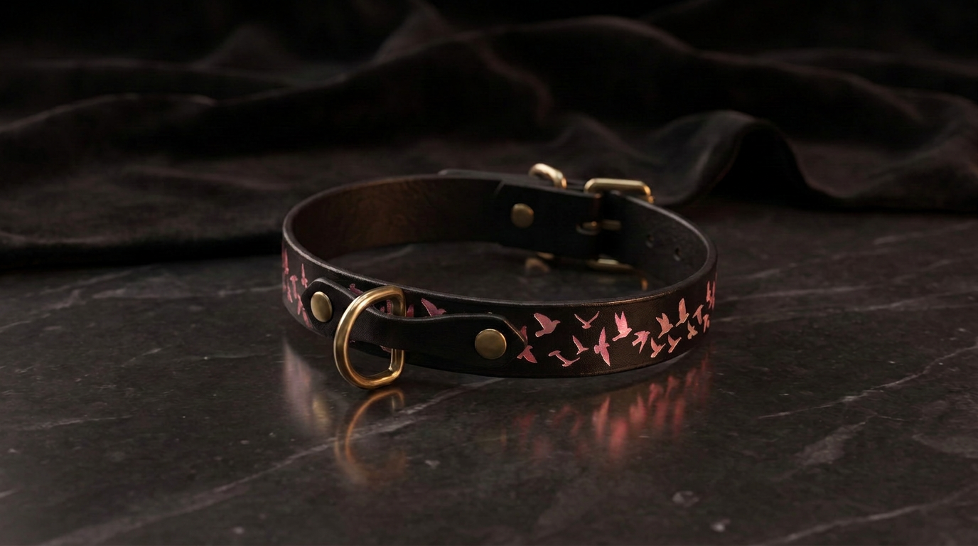 A black leather collar with a gold-colored buckle and a pink bird design on it, resting on a dark surface.