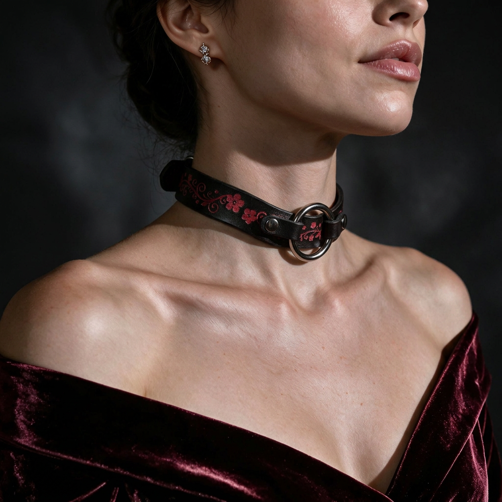 A woman wearing a black choker necklace with red floral designs, a red velvet off-the-shoulder dress, and a serious expression on her face.