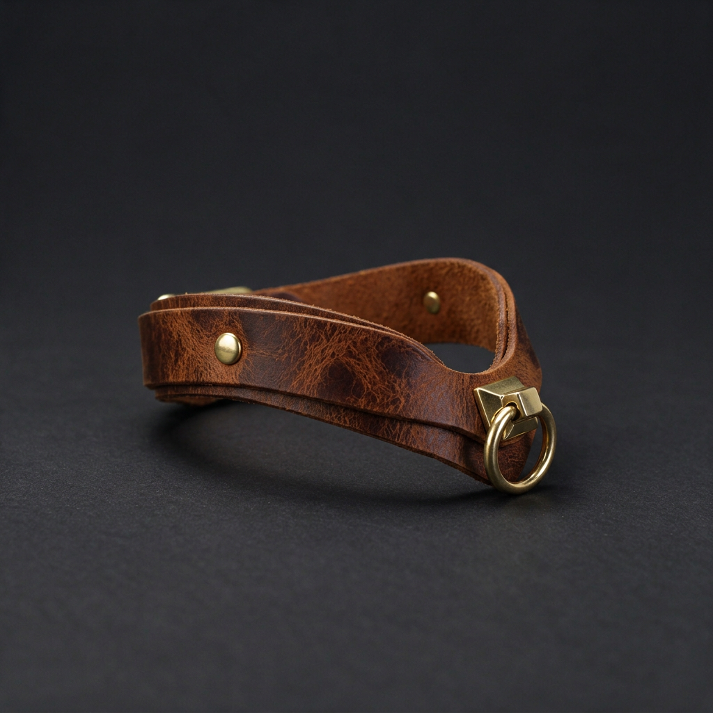 A brown leather choker necklace with a gold-colored metal clasp and a small gold-colored metal ring on the clasp.