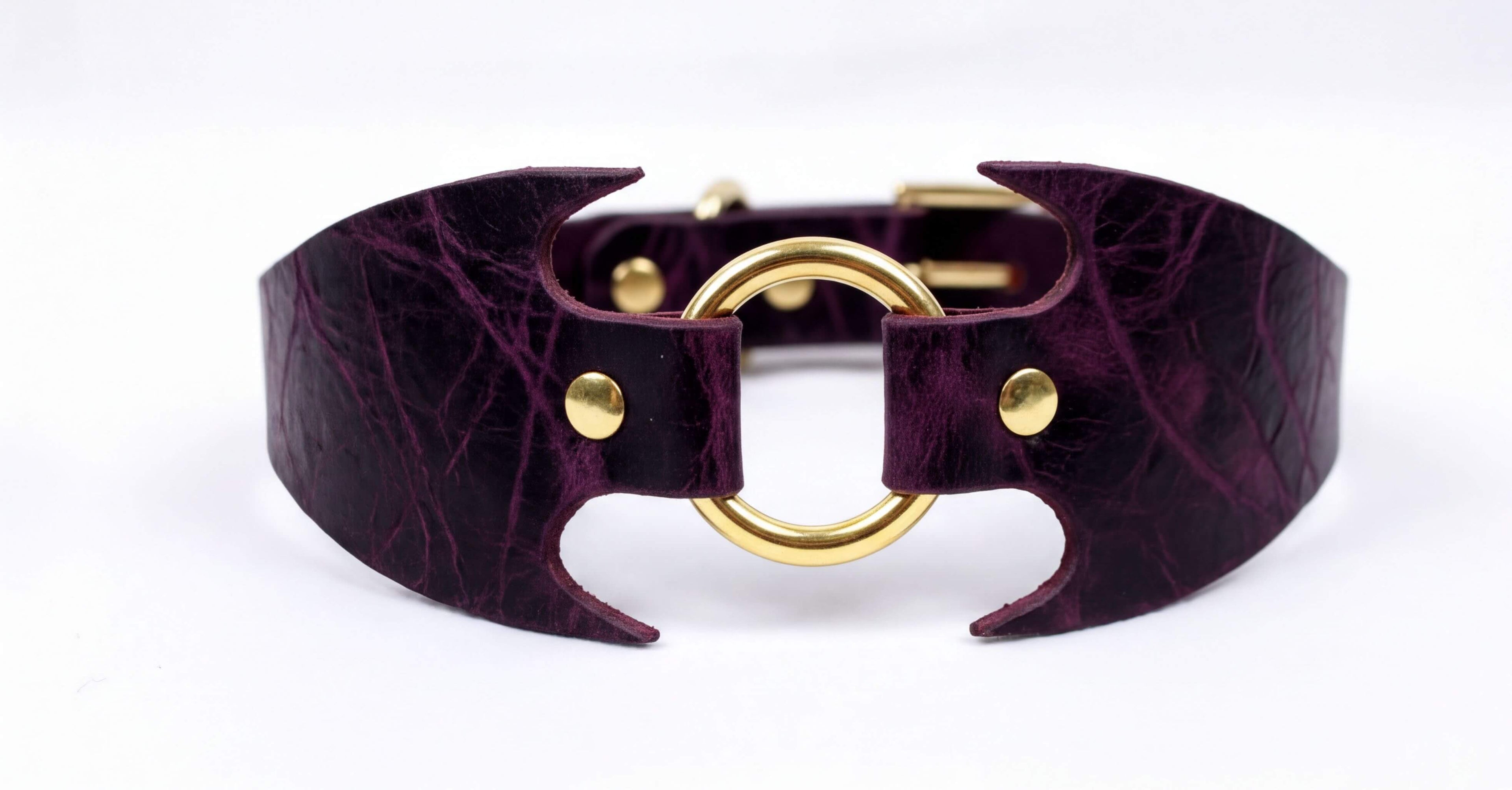 A purple leather choker necklace with a gold-colored circular clasp.