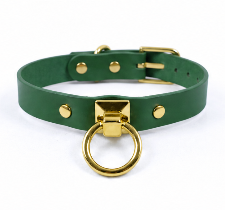 A green leather choker collar with a gold metal ring and buckle.